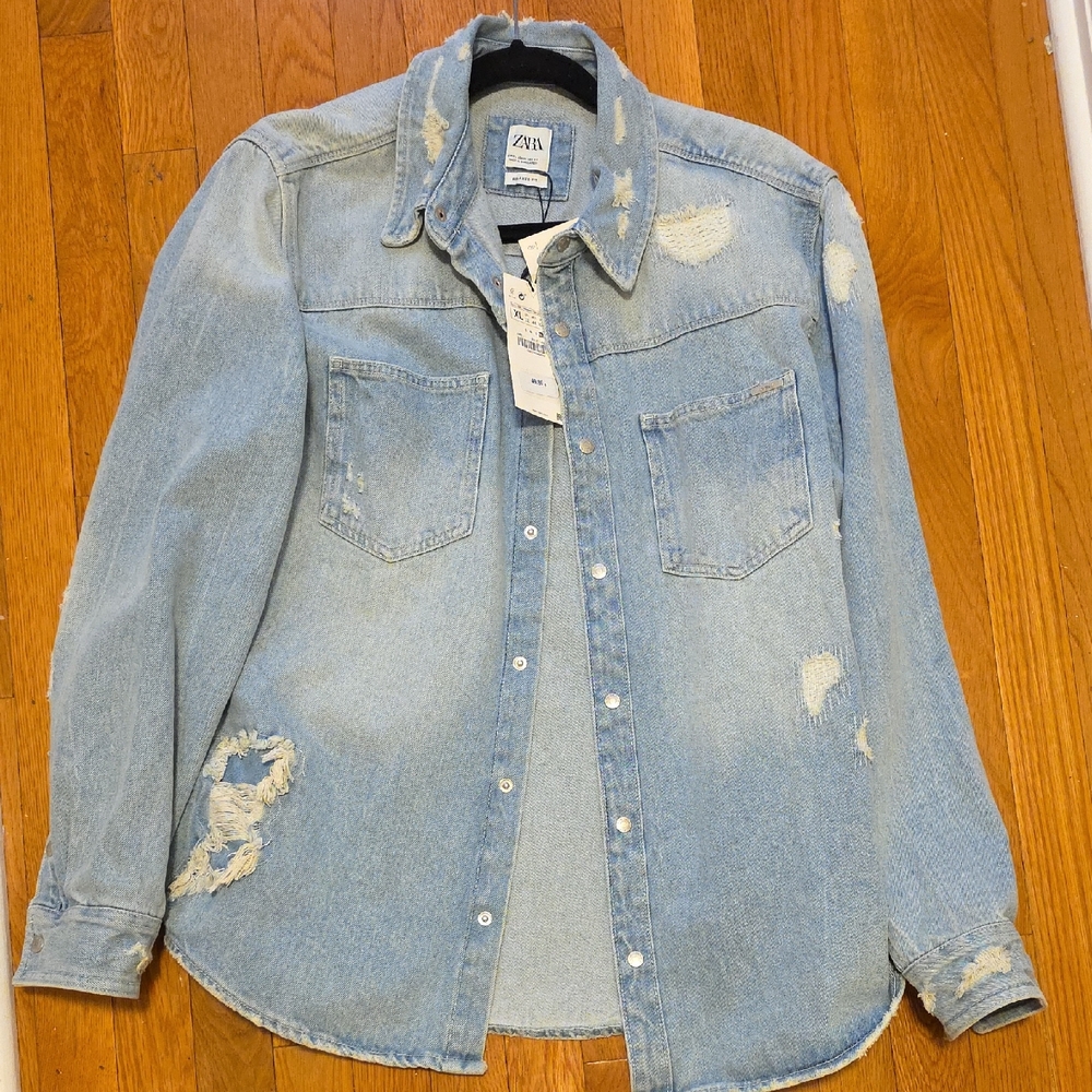 Zara Light Blue Distressed Denim Shirt XL New W tags